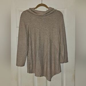 Elegant Striped Cowl Neck Sweater - Tan and Cream